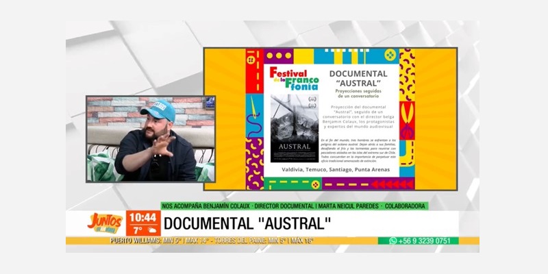 Benjmain Colaux sur la chaine de TV régionale à Punta Arenas pour promouvoir le documentaire "Austral" (c) RWB Chili