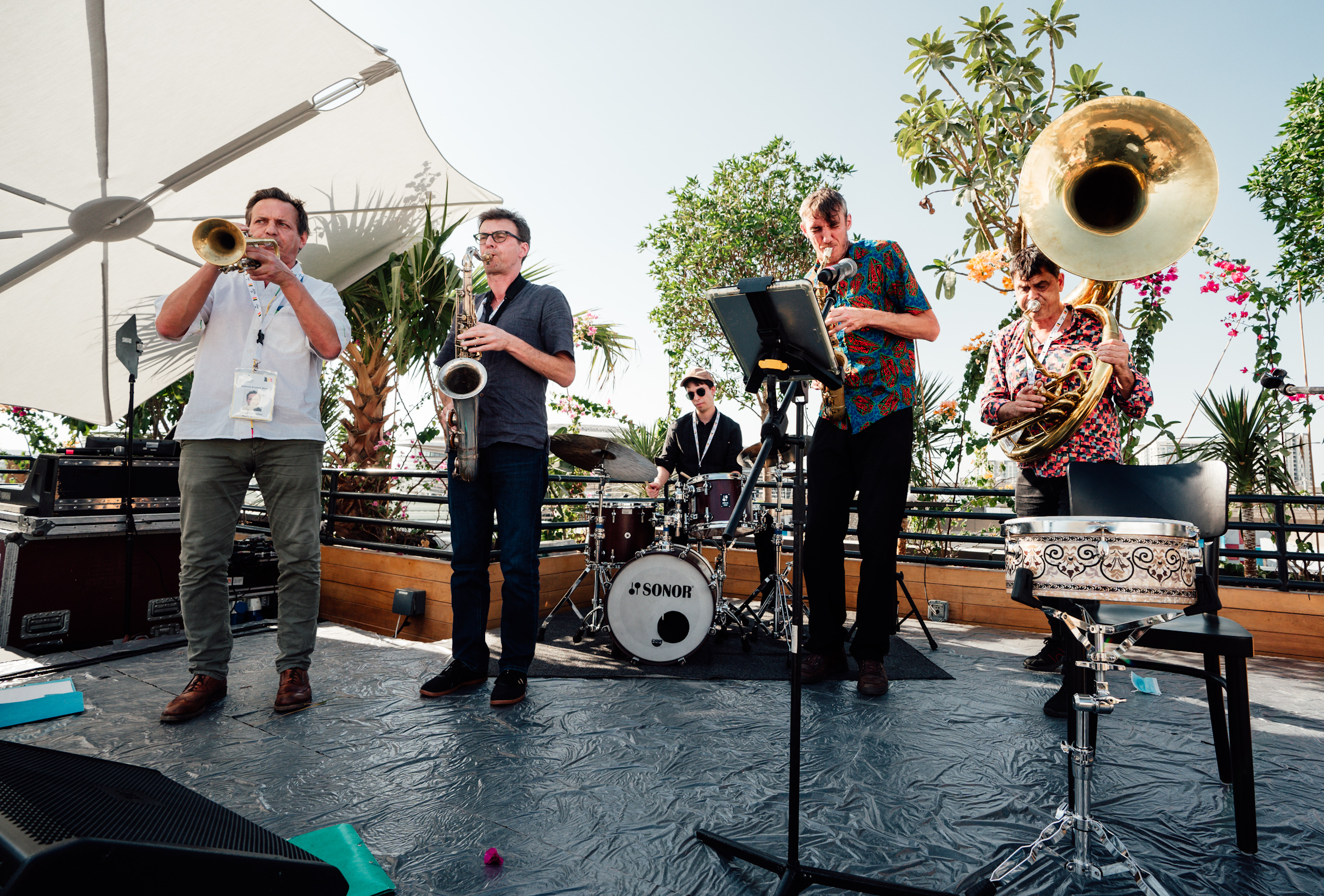 Laurent Blondiau et le Mâäk Quintet à l'Expo 2020 Dubaï | © J. Van Belle - WBI Photo du groupe Mâäk Quintet