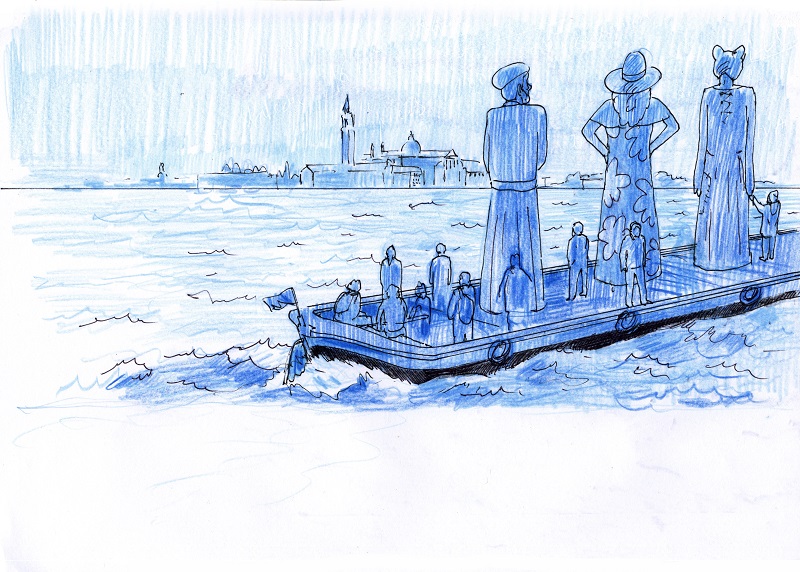 © Les géanx de Petticoat Government debouts, et leurs porteureuses qui regardent vers leur destination, les jardins de la Biennale de Venise. © Les géanx de Petticoat Government debouts, et leurs porteureuses qui regardent vers leur destination, les jardins de la Biennale de Venise.